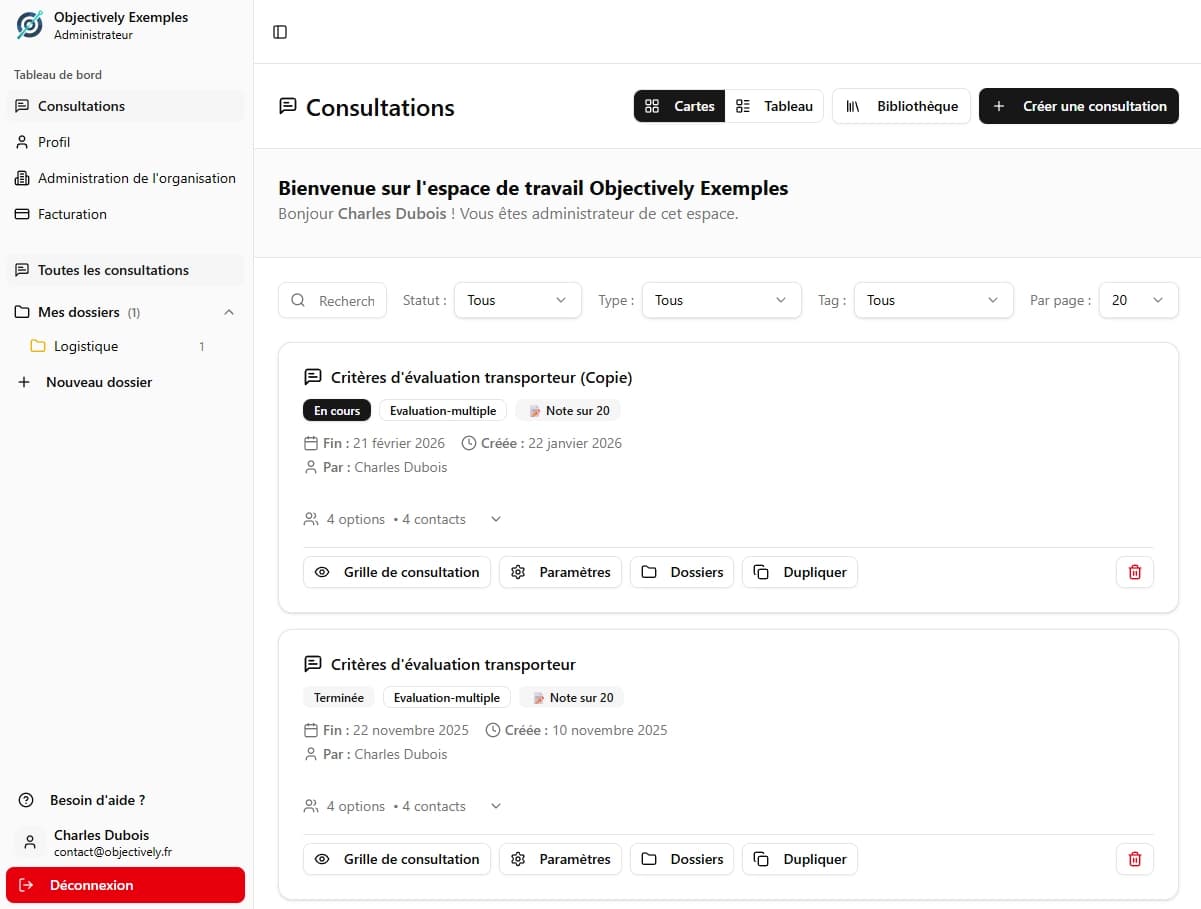 Dashboard Objectively - Tableau de bord pour évaluation collaborative de fournisseurs et candidats