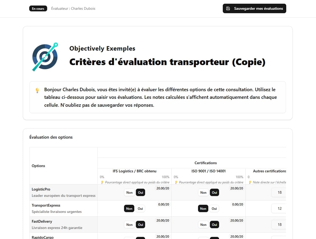 Formulaire d'évaluation Objectively - Interface de notation multi-critères